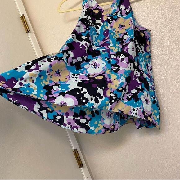 GAP Floral Blue Blouse Tank Top loose silky boho deep v neck style Size L - Picture 10 of 11